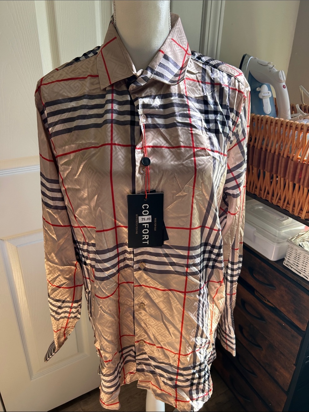 Designer inspired bur Cort Long Sleeve Plaid Button-Up Shirt - Beige, Black, Red